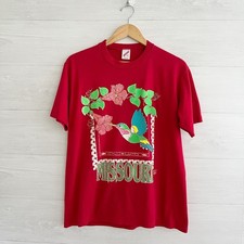 Vintage Jerzees Missouri hHummingbird Graphic T-Shirt Red USA Made L Flaw