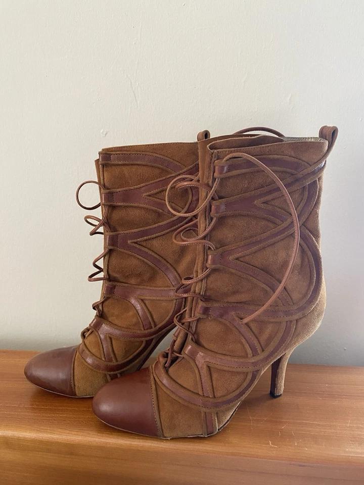 Absolutamente Precioso Vintage Emanuel Ungaro Gamuza Y Cuero Marrón Rico Óxido 37 Foto 3 de 4