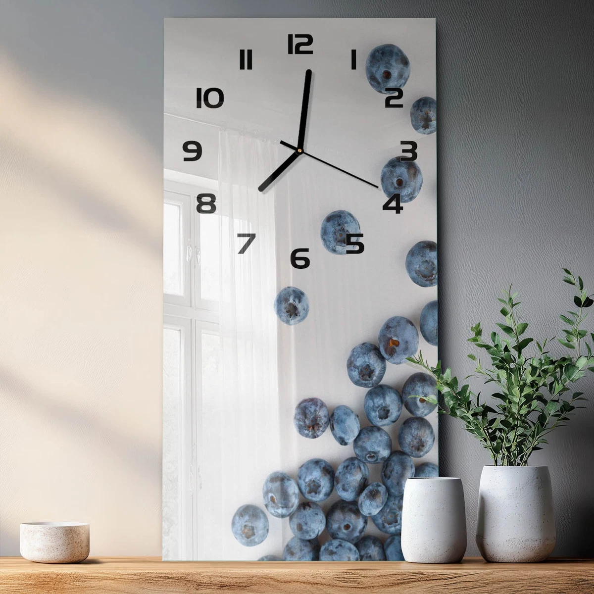 Reloj de Pared Rectangular Vertical Vidrio Templado Premium Arándanos 30x60 cm