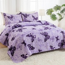 Quilt Set 3-Pieces Full/Queen Size, Paisley Butterfly on Purple Bedspread Coverl