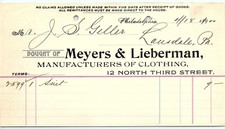 1900 Philadelphia clothing billhead, Meyers & Lieberman, pun