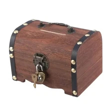 1pc Vintage Wooden Treasure Chest Piggy Bank Box with Lock Home Decoration - NEW