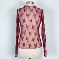 Whimsigoth Fairy Grunge Lace Top Sz Medium Layer Floral Sheer Feminine Burgundy