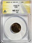 1909-P-VDB Lincoln Wheat Cent - ANACS MS 63 RB (616) - Just Graded/New Holder