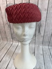 Vintage 1950s Coral Textured Cocktail Hat with Black Veil Mid Century Millinery