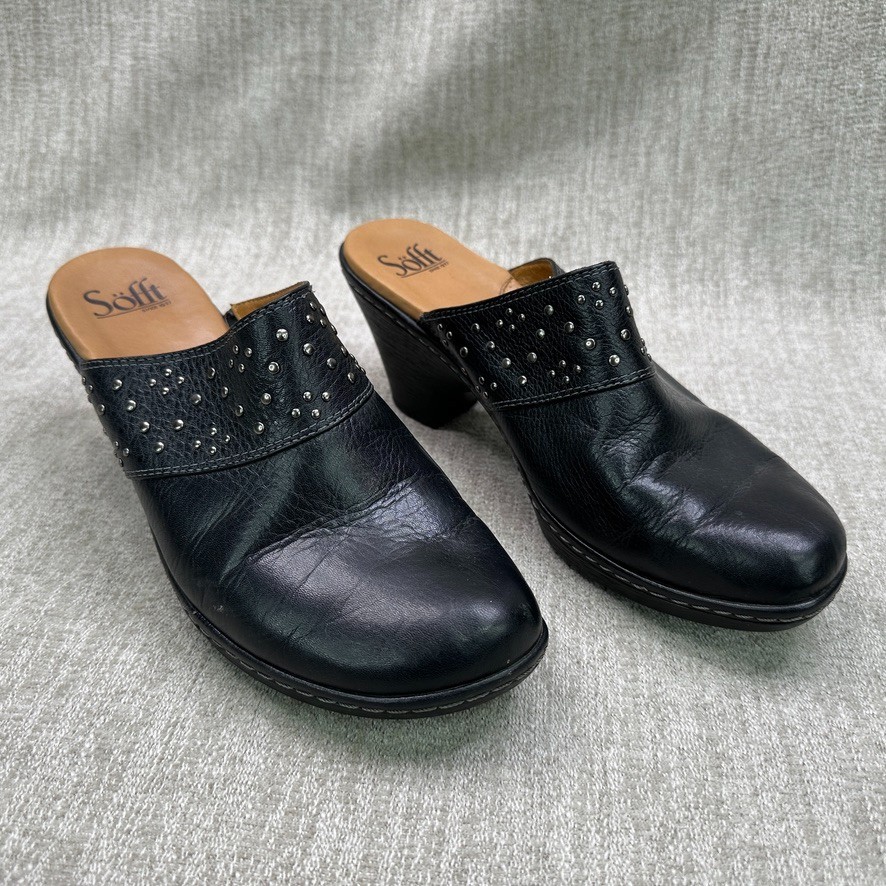 Sofft Gila Studded Heeled Mule Clogs Black Leather Shoes Womens Size 9 M EUC