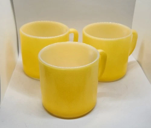 Set Of ( 3 ) Vintage Federal F Yellow Milk Glass Coffee Cup Mug Heat Proof  USA