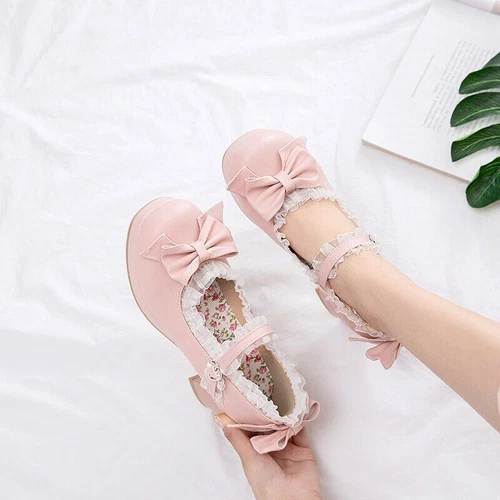 Sweet Bowknot Lace Bridal Girls Wedding Shoes Women High Heel Pink Plus Size - Bild 5 von 40