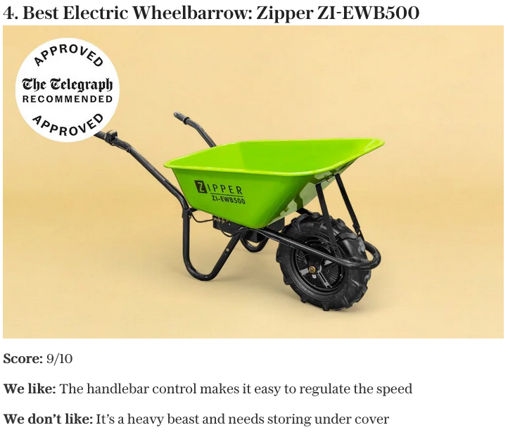 Zipper Electric Wheel Barrow EWB500 -  'The Telegraph' Recommended and Approved