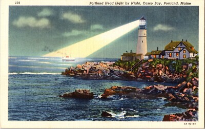 Postcard Portland Head Light By Night Portland Maine Casco Bay Linen Postcard