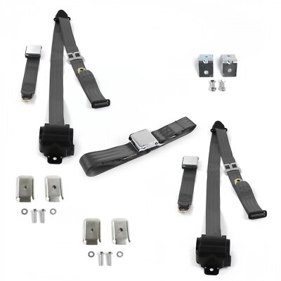 Desoto 1929 - 1945 Airplane 3pt Charcoal Retractable Bench Seat Belt Kit w/ Brac