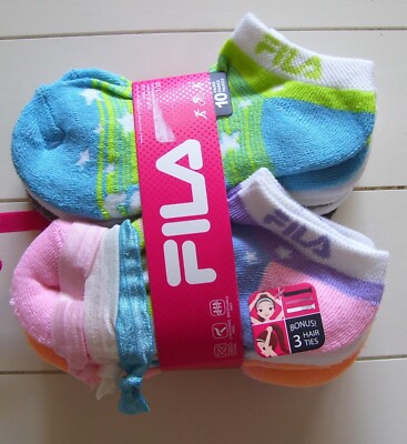 Toddler Girls FILA 10 Pair No Show Socks & 3 Bonus Hair Ties Shoe Sz 7-10