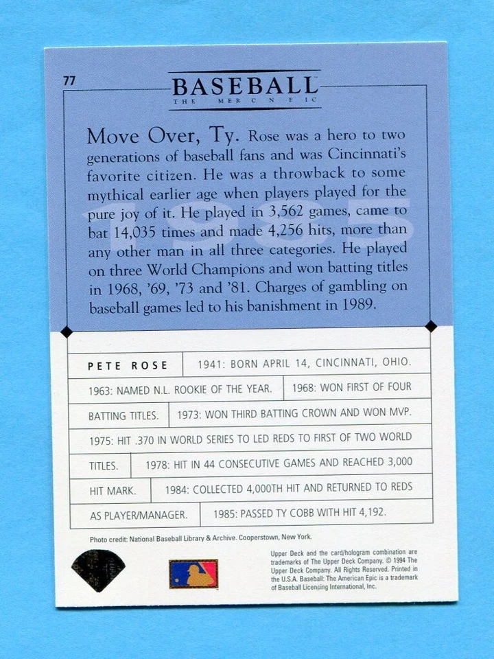 PETE ROSE CINCINNATI REDS 1994 UPPER DECK BASEBALL CARD THE AMERICAN EPIC #77 - Image 2 of 2
