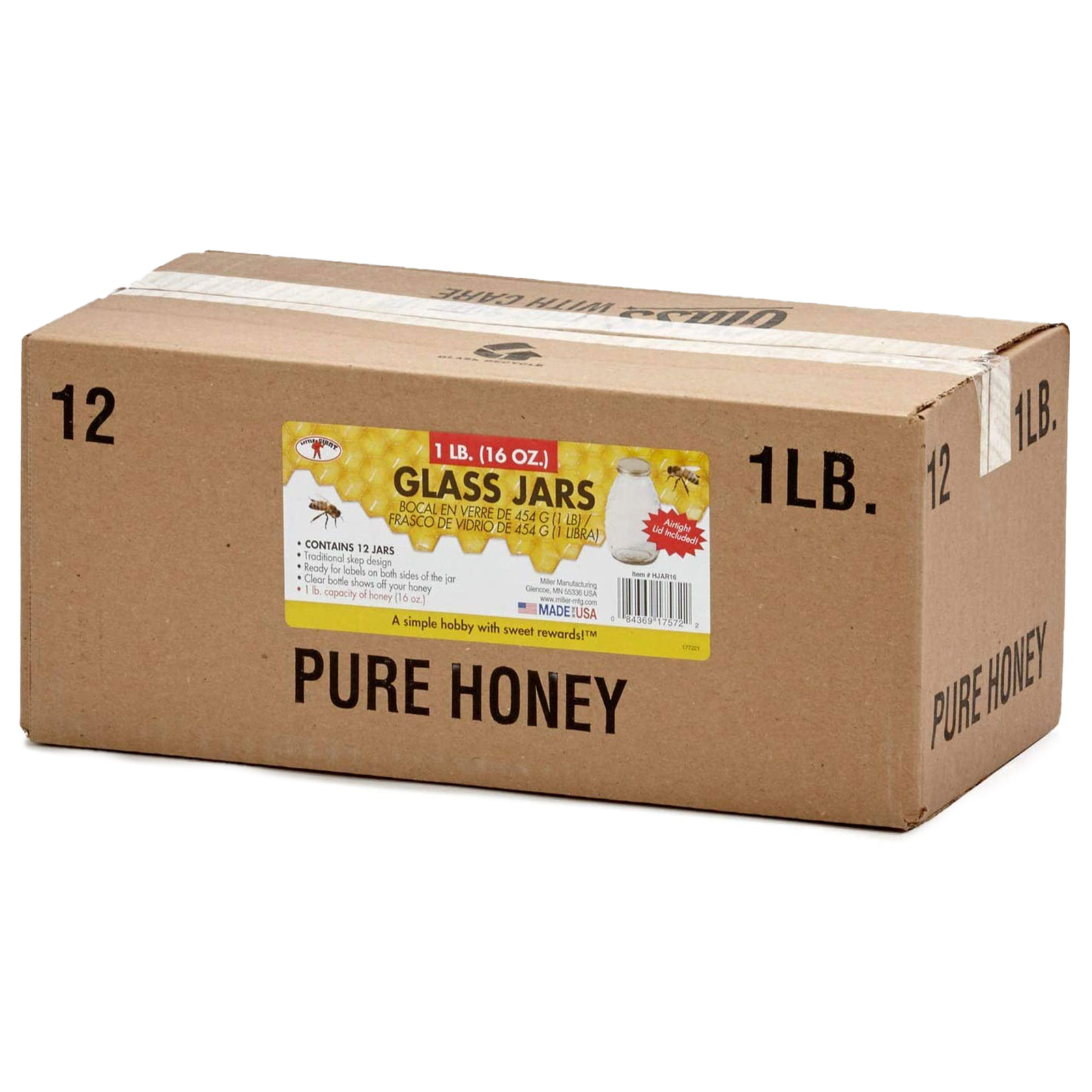 Little Giant Glass Skep Honey Jars - 16oz Traditional Beehive Shape With Airtight Lids (12 Pack)