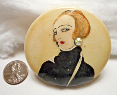 Signed Marsan Brooch Erte Style Deco Lady Round Wood Papier Mache Rhine Brooch