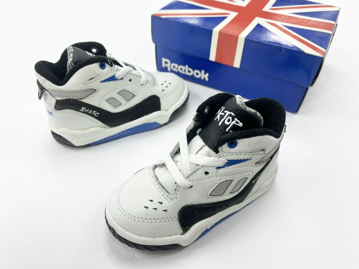 Vintage 90’s Baby Reebok Blacktop White Blue Leather Hi Top Kids Toddler  Shoes