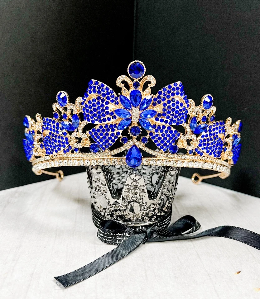 Tiara corona cristal, corona dorada vintage, tiara arco azul, tiara cristal nupcial Foto 3 de 4