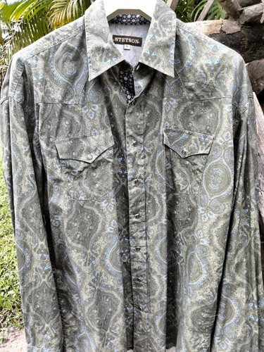 Stetson Shirt Mens XL Green Pearl Snap Button Rodeo Cowboy Western Paisley - Picture 12 of 22
