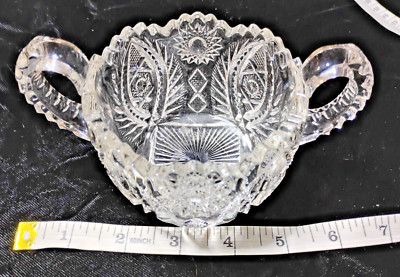 Vtg American Brilliant Period Cut Glass Sugar Bowl Double Handle Sawtooth