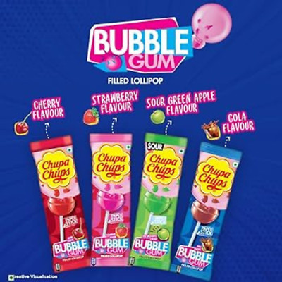 10 pcs Chupa Chups Bubble Gum Filled Lollipops Sour Green Apple and Strawberry