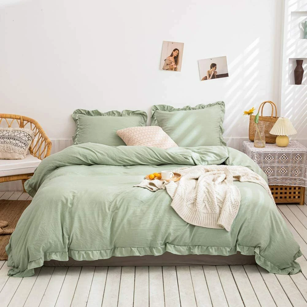 3-Piece Lily Ruffle Duvet Cover Washed Soft Cotton UO Bedding Blanket Sage  Green