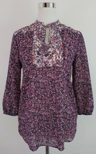 Chaps Size Small Blue Red Floral 3/4 Sleeve Tie Neck Semi Sheer Boho Peasant Top