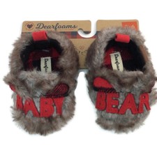 NWT Baby Dearfoams ''Baby Bear'' Plaid Faux Fur Closed Back Slippers 3-6 mos