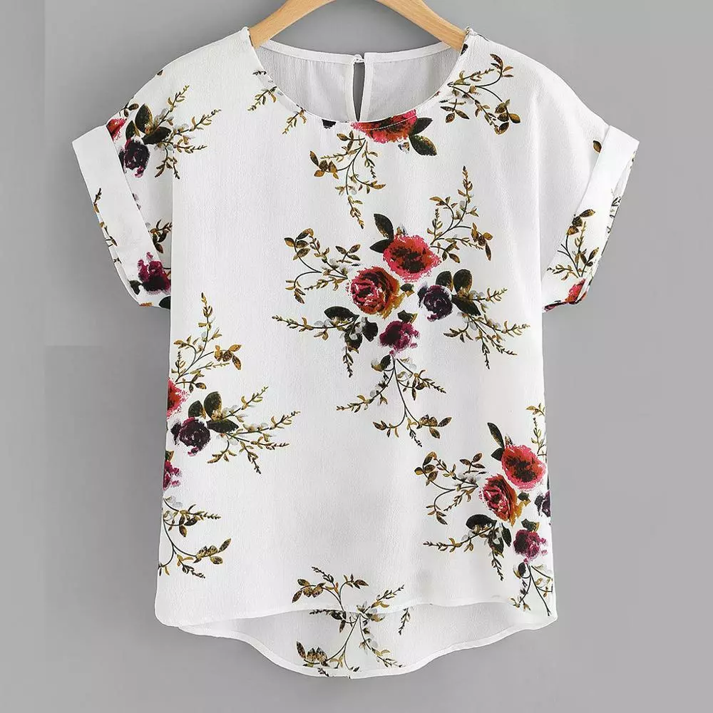 Camisa De Manga Corta Para Mujer Moda De Verano Floral Impresión Blusa De  Jersey