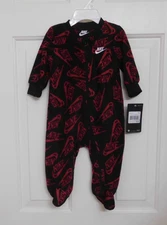 NWT Nike Black Red Logo Fleece Sleep N Play Footie Pajamas sz 6 or 9 Months