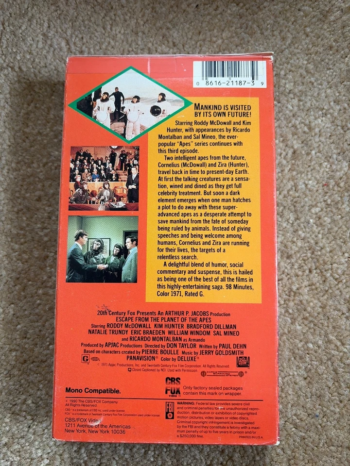 Escape From the Planet of the Apes VHS Tape Scifi Roddy McDowall Kim Hunter - Image 2 of 4