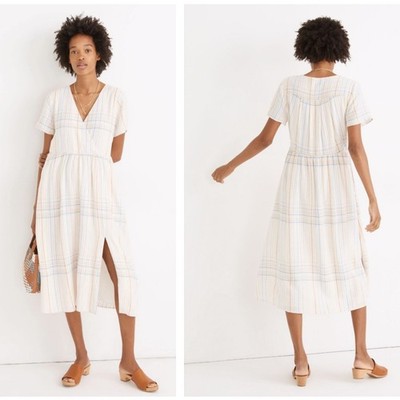 MADEWELL Linen-Blend Clara Midi Dress Plaid Muted Blush Pastel Sz L $118 {PP7}