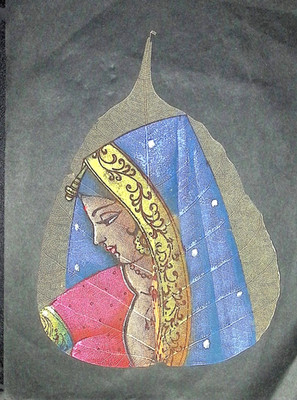 Hand Painted Oil Color on Skeleton Pipal Tree Leaf Indian Radha Krishna