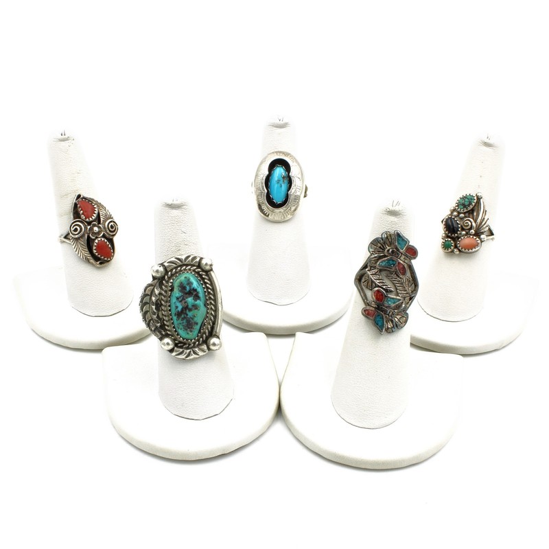 Southwest Signed Sterling Turquoise Red Coral Malachite Rings Lot of 5 #S5225-5