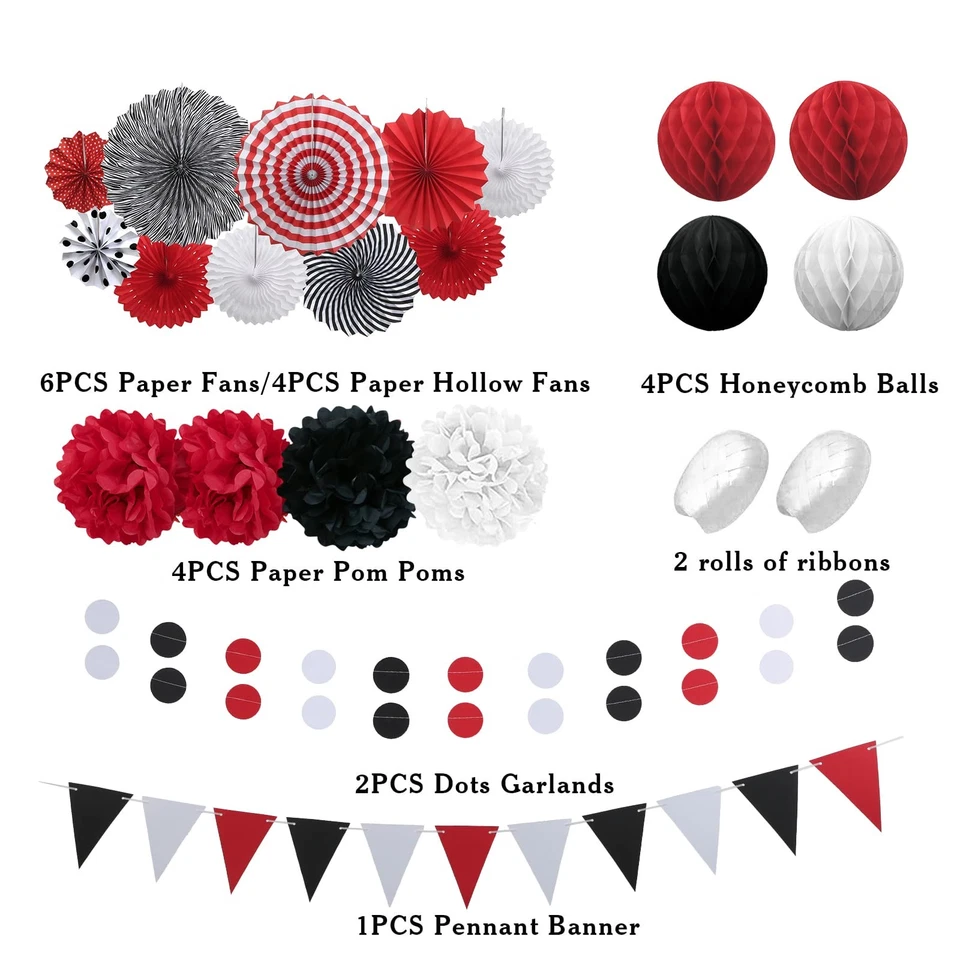 Decoraciones de fiesta rojas y negras 23 piezas abanicos de papel colgantes decoración de fiesta con... Foto 2 de 4