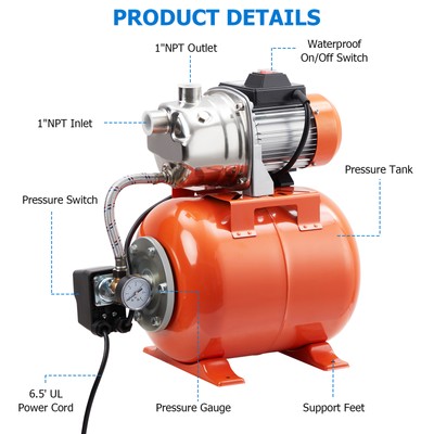 3/4HP Shallow Well Pump Pressure Tank Stainless Steel Automatic Irrigation Pump