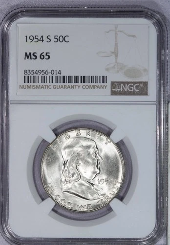 1954-S Franklin Half Dollar 50c NGC MS65 Nice Toning On Reverse!