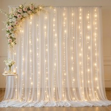 10ft x 10ft Cream White Chiffon Backdrop Curtain with Lights String for Parti...