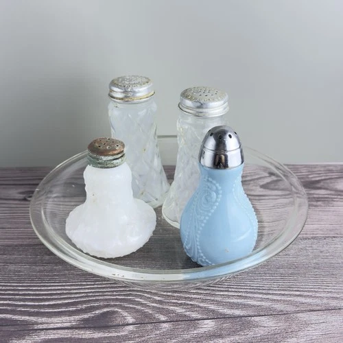 Vintage Milk Glass & Opalescent Salt Pepper Shakers + Pyrex Platter Lot