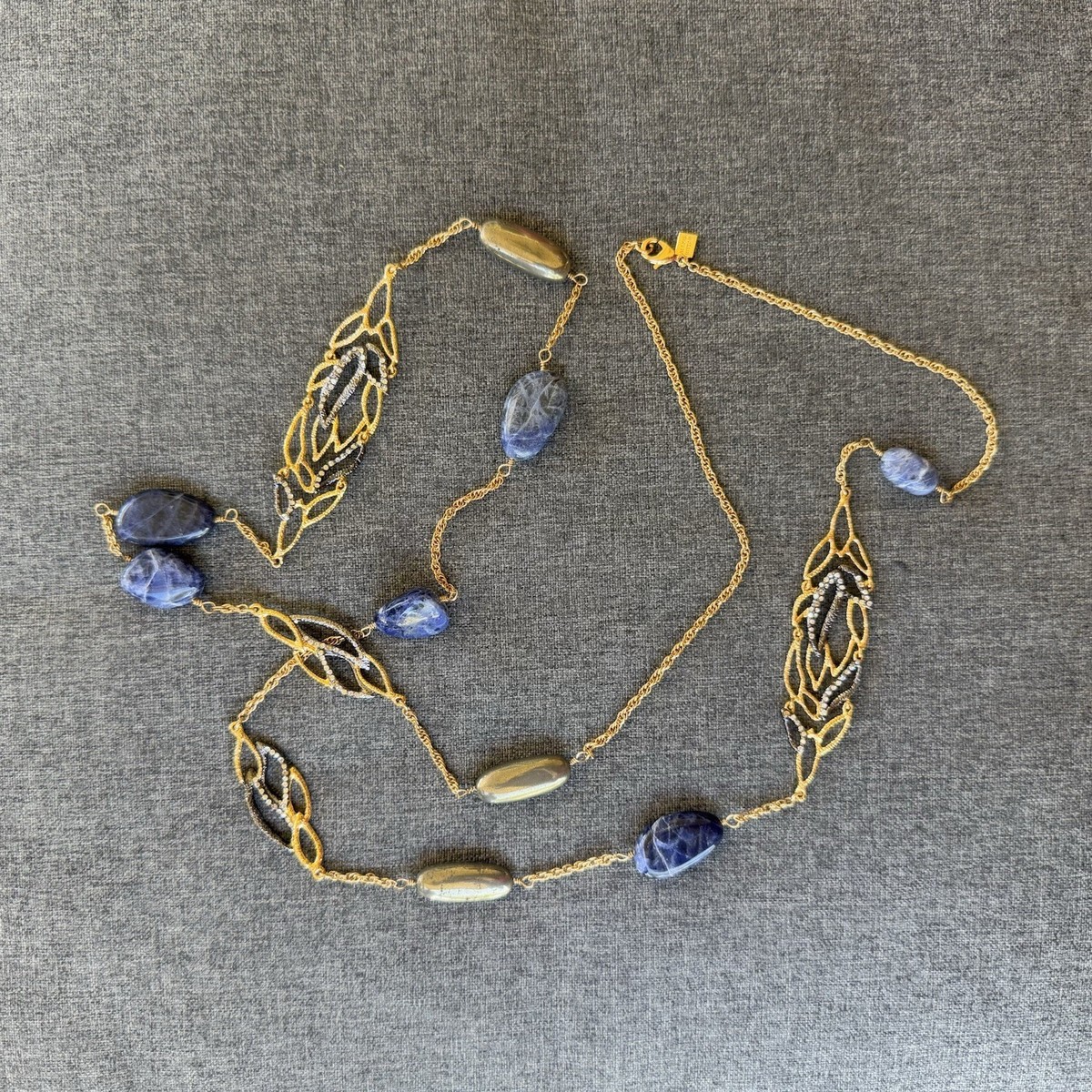 Alexis Bittar Blue Stone Long Chain Necklace Gold Abstract Detailing  Rhinestones