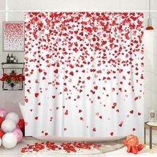 Valentines Day Shower Curtain Cute Red Heart Fabric Set White Decor 72x72"