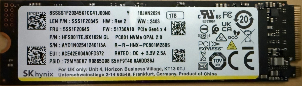 New OEM SK Hynix 1TB PC801 M.2 PCIe NVMe SSD HFS001TEJ9X162N Gen4