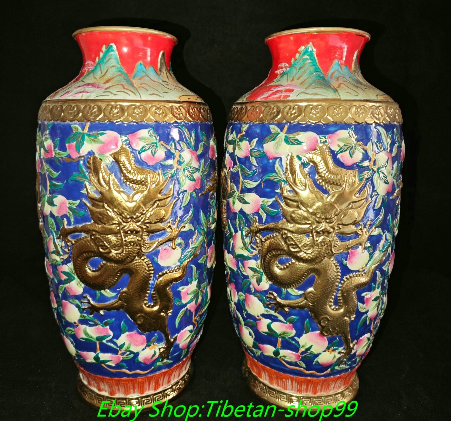 12.6''Qing Qianlong Marked Enamel Colour Porcelain Gilt Dragon Bottle Vase Pair