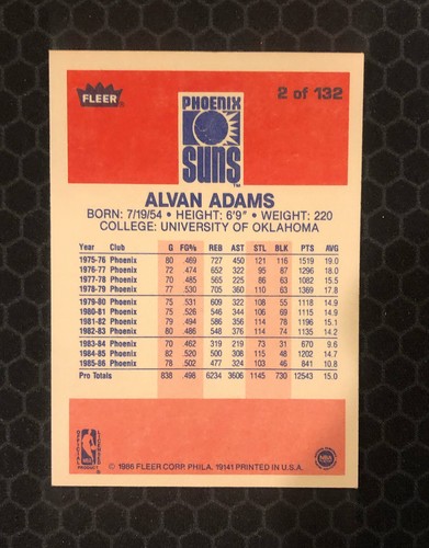 🏀 1986 Fleer Basketball #2 - Alvan Adams - Phoenix Suns - SET BREAK 🏀 - Picture 3 of 3