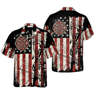 Black American Flag Fire Dept Firefighter Hawaiian Shirt, Fire Department Badge