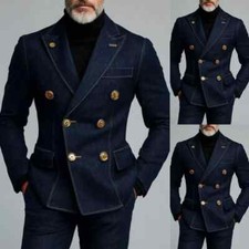 Dark Blue Denim Men's Suits Double Breasted Peak Lapel Tuxedos Wedding Blazer