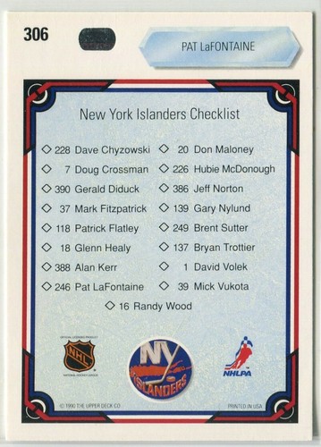 1990-91 Upper Deck #306 Pat LaFontaine New York Islanders / Checklist - Picture 2 of 2
