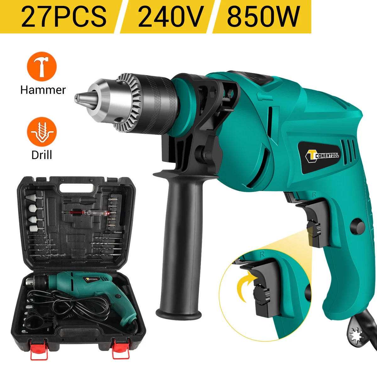Corded Impact Hammer Drill Electric Screwdriver 850W Variable
