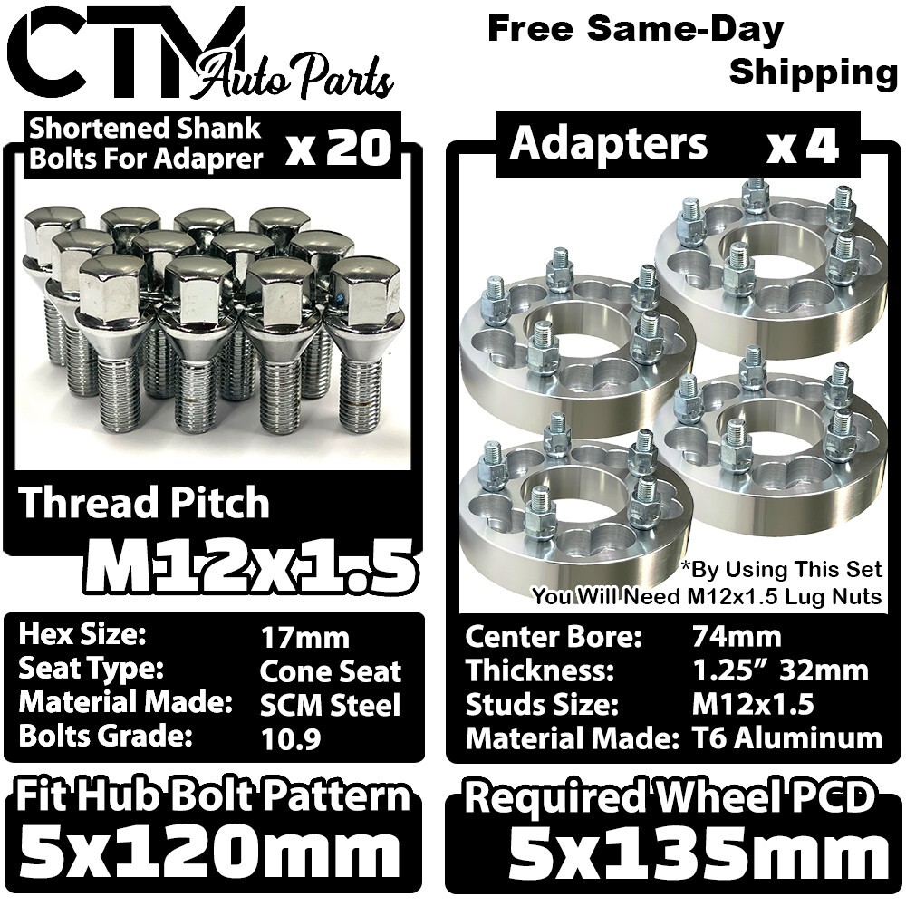4x 30mm Thick 5x130 71.5mm C.B Wheel Spacer 14x1.5 Black Ball Bolt