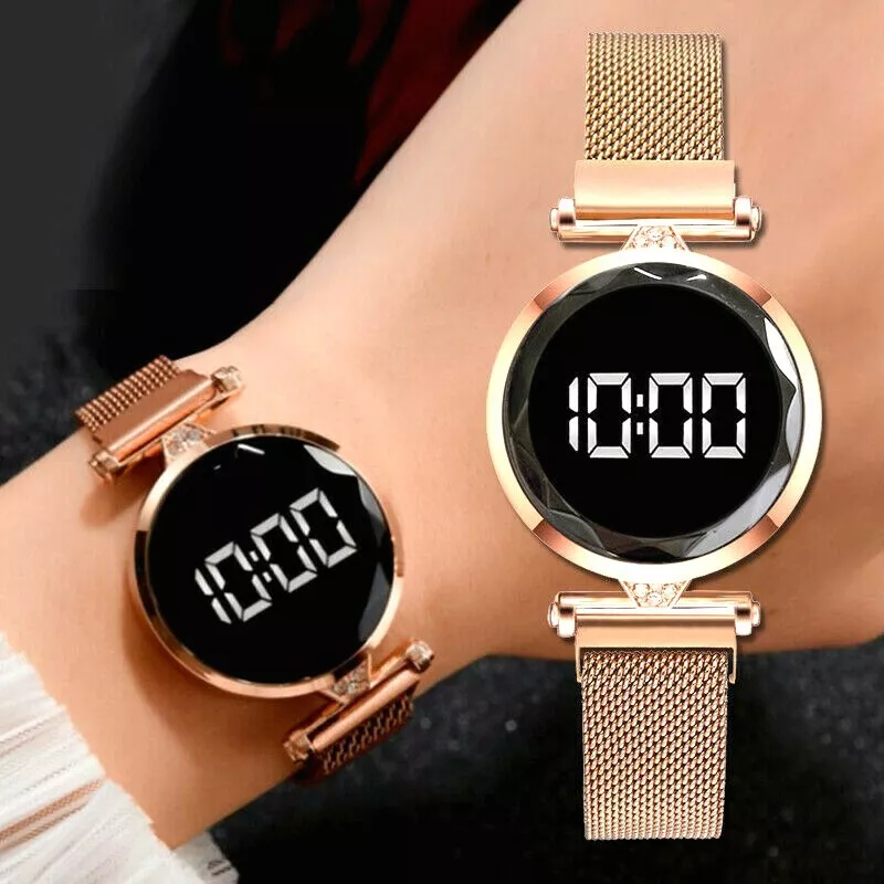 Women's Digital Watch Mesh Band Magnetic Watch Ladies Magnet Touch Screen  Rose