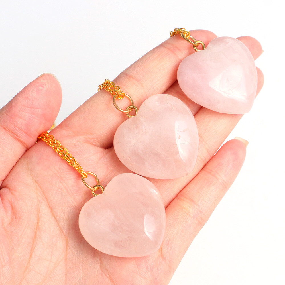 Natural Rose Quartz 30mm Heart Pendant Gold Plated Chain